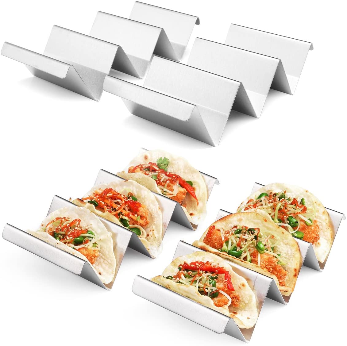 Taco Holders 4 Packs - Stainless Steel Taco Stand Rack Tray Style by Artthome, Oven Safe for Baking, Dishwasher and Grill Safe