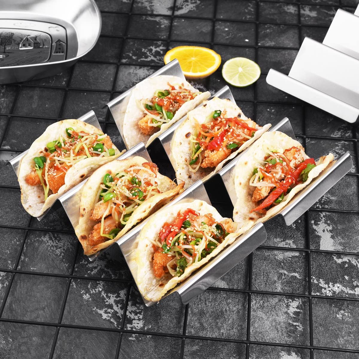 Taco Holders 4 Packs - Stainless Steel Taco Stand Rack Tray Style by Artthome, Oven Safe for Baking, Dishwasher and Grill Safe