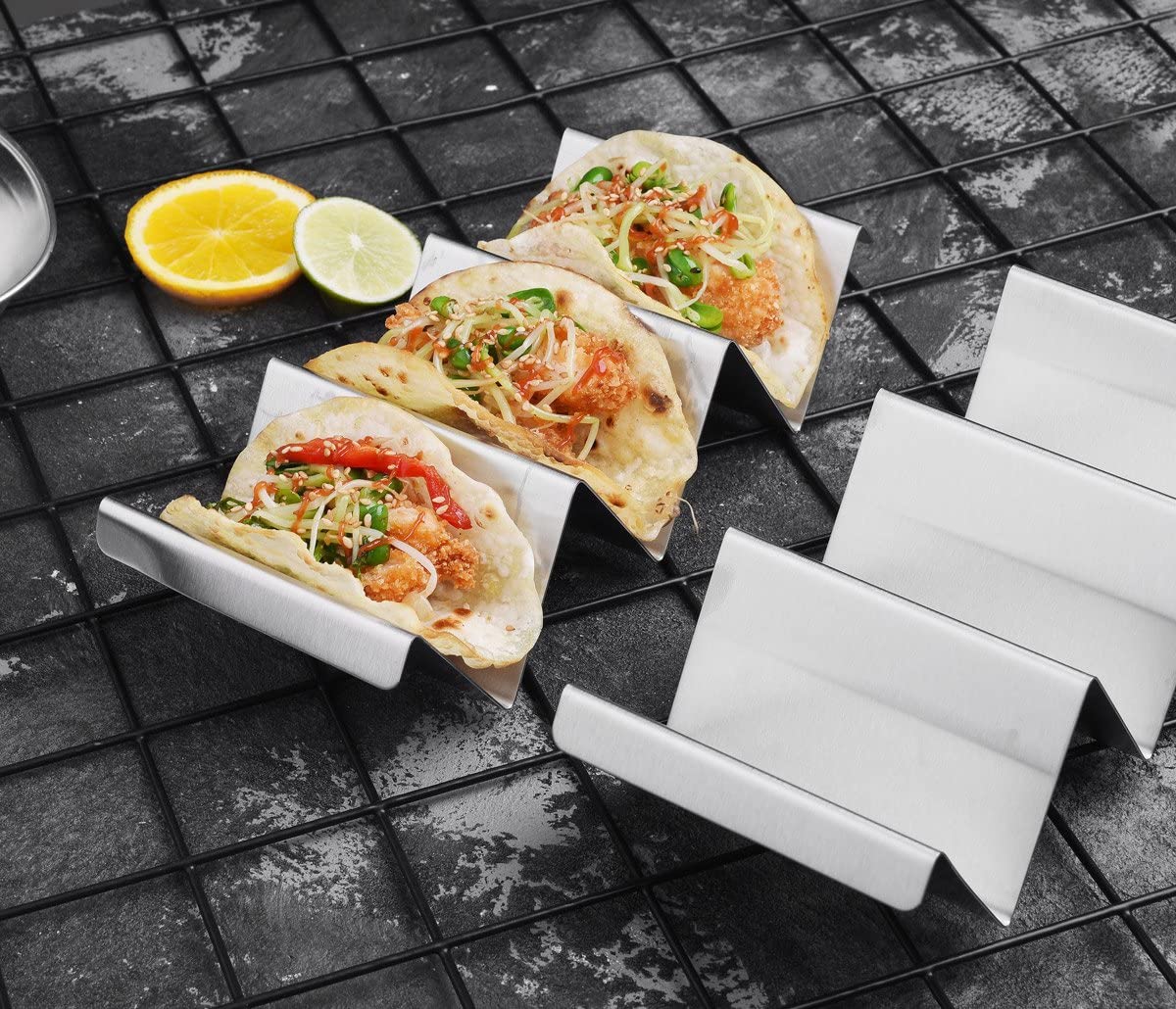 Taco Holders 4 Packs - Stainless Steel Taco Stand Rack Tray Style by Artthome, Oven Safe for Baking, Dishwasher and Grill Safe