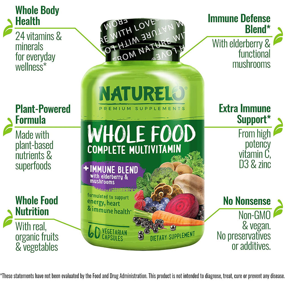 Naturelo Whole Food Multivitamin + Immune Blend with Elderberry & Mushrooms 60 Vegan Caps 2-PACK