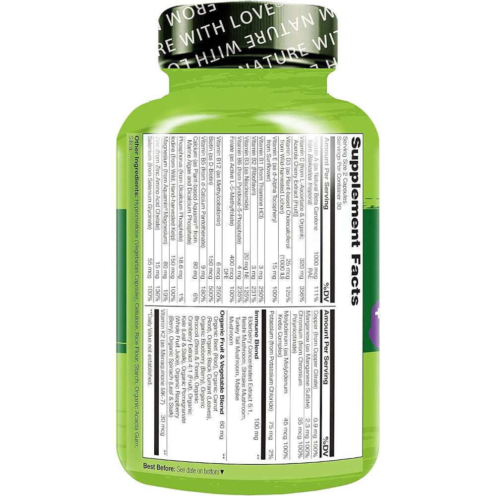 Naturelo Whole Food Multivitamin + Immune Blend with Elderberry & Mushrooms 60 Vegan Caps