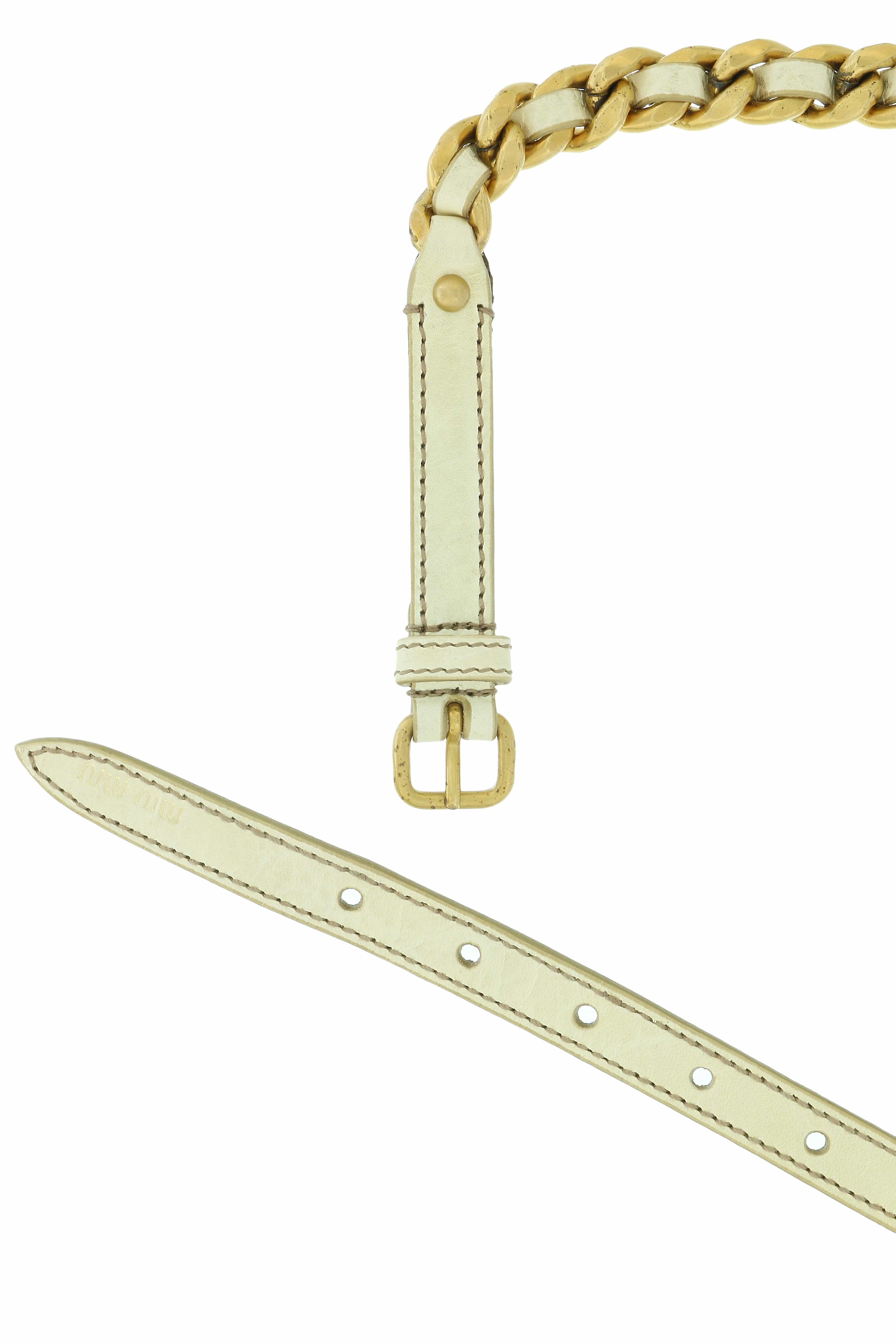 Miu Miu Beige Narrow Leather Aged Distressed Gold Curb Chain Belt - 24