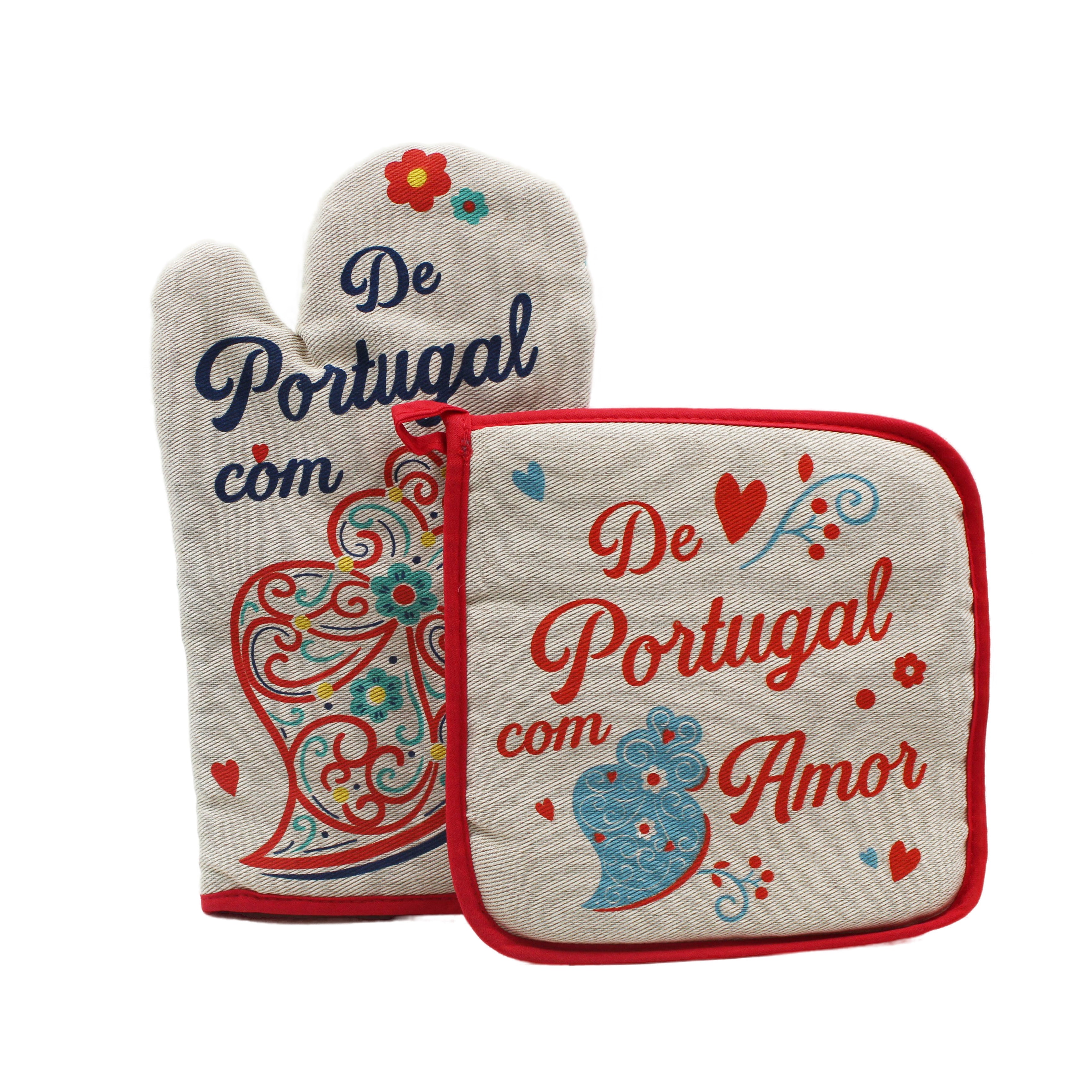 100% Cotton From Portugal With Love Red Oven Mitt and Pot Holder