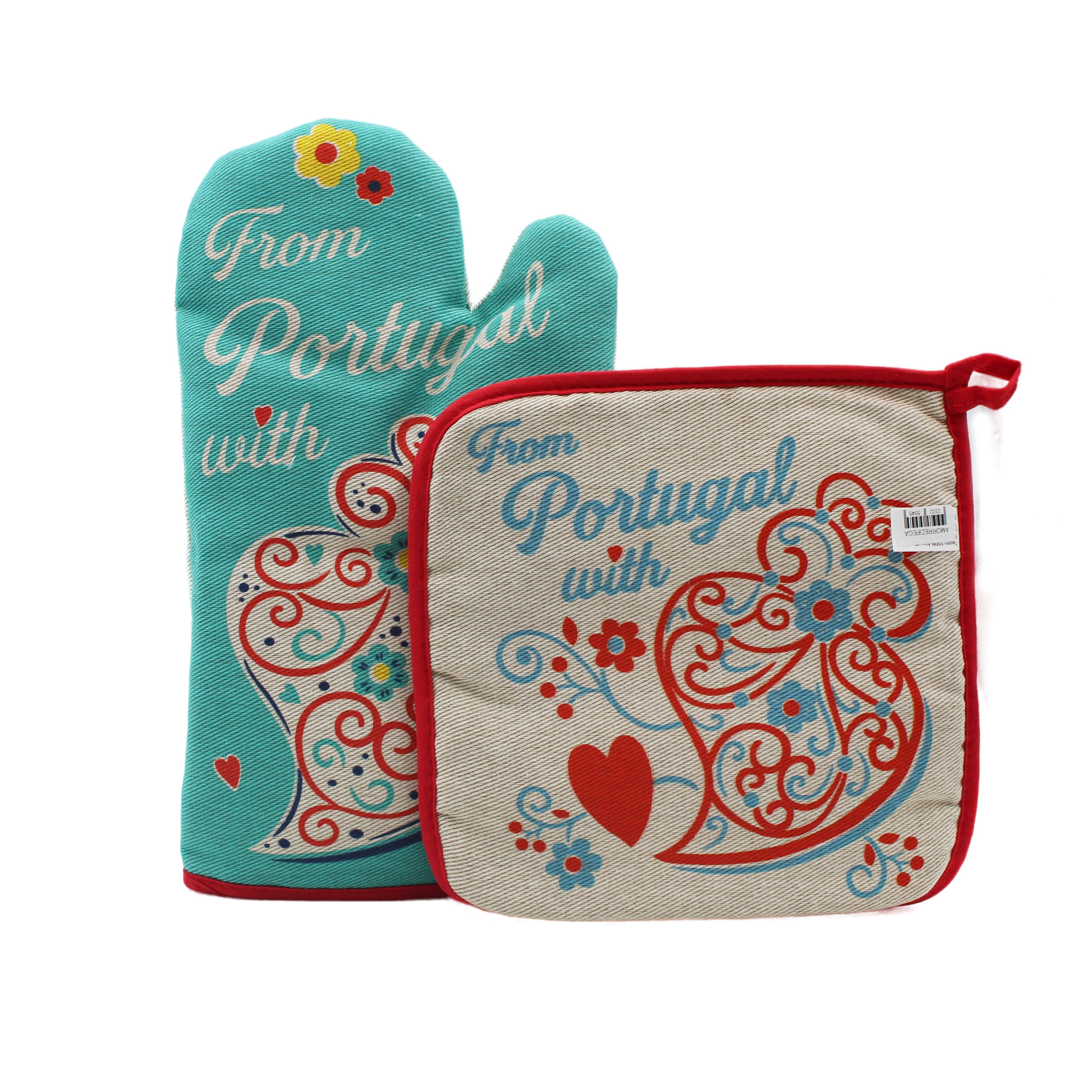 100% Cotton From Portugal With Love Red Oven Mitt and Pot Holder