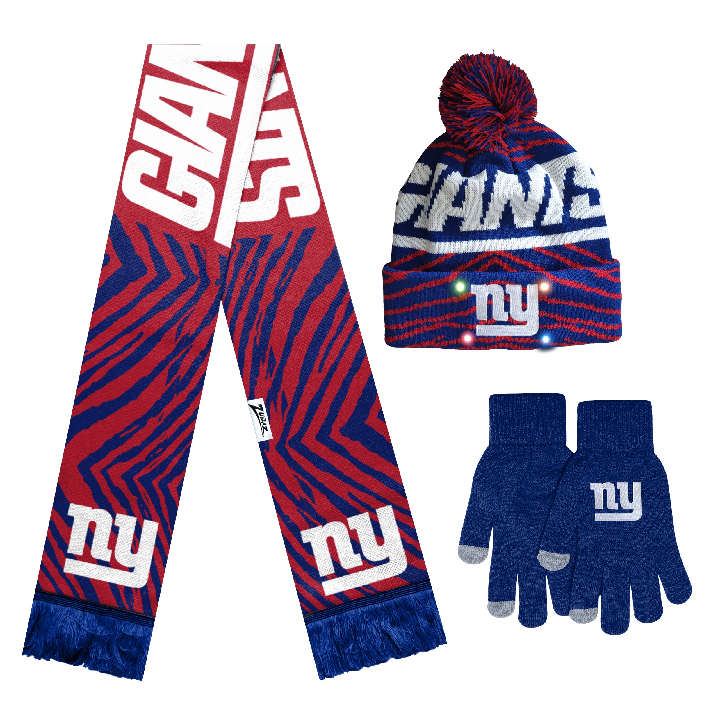 FOCO X Zubaz NFL Collab 3 Pack Glove Scarf & Hat Outdoor Winter Set, New York Giants