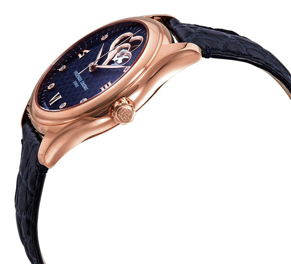 Frederique Constant Double Heart Beat Rose Gold Tone Steel Automatic Diamonds Blue Dial Blue Leather Strap Womens Watch FC-310NDHB3B4