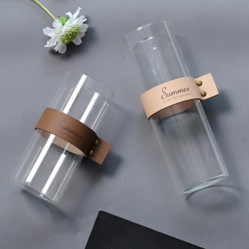 Nordic Style Leather and Glass Transparent Tabletop Vase
