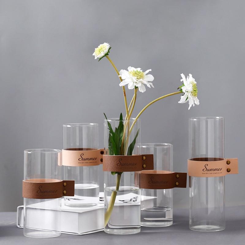 Nordic Style Leather and Glass Transparent Tabletop Vase
