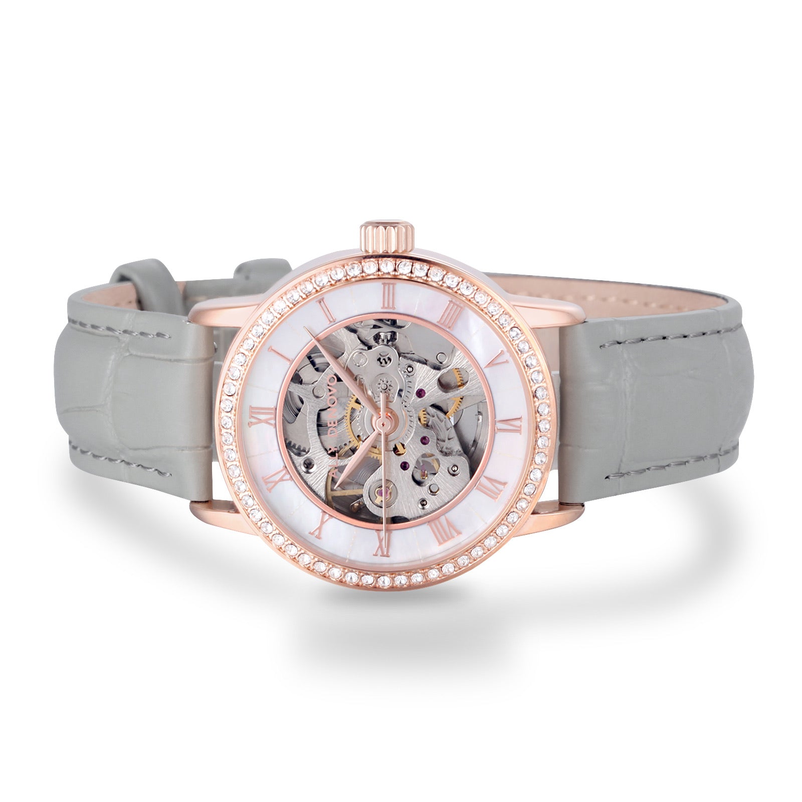 珍珠机械钻表 (白珍珠/玫瑰金/大象灰真皮鳄鱼纹表带) – ally denovo