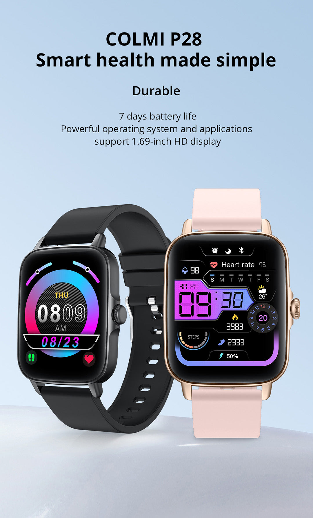 COLMI P28 Smart Watch Men 1.69 inch Screen Heart Rate IP67 Waterproof Smartwatch Women GTS3 GTS 3 for Android iOS Phone