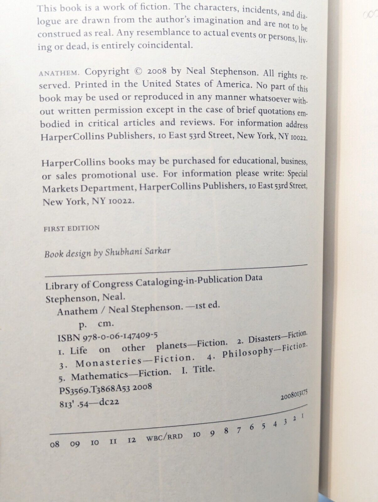 Anathem Anthem by Neal Stephenson First 1st Edition Printing Hardcover Novel Bk