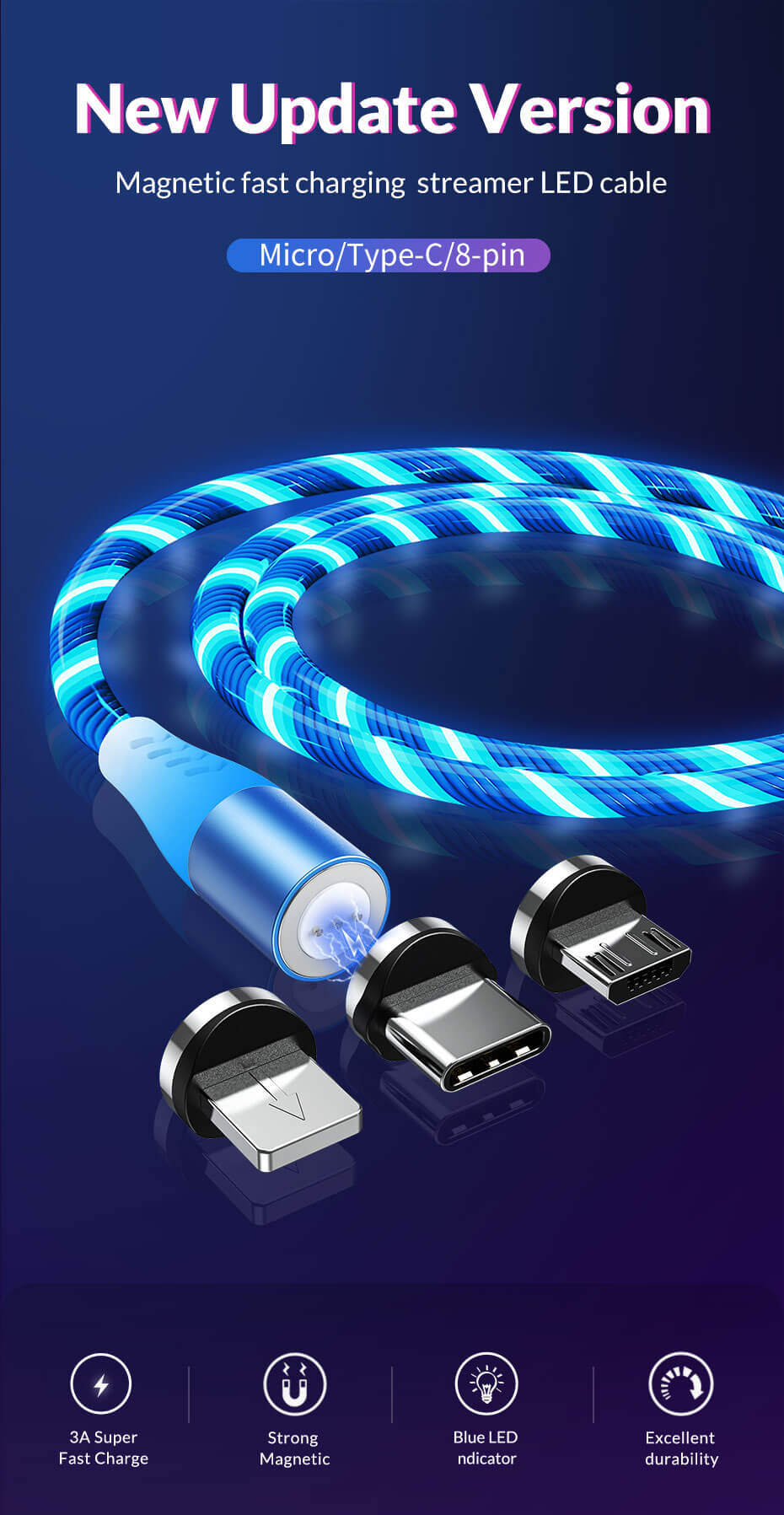 TOPK AM16 3A Fast Charging Flowing Light Magnetic Cable