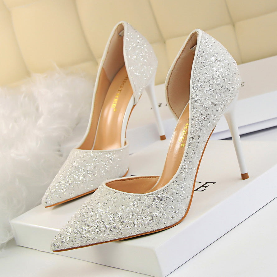 Side Hollow Out Sequin Heels