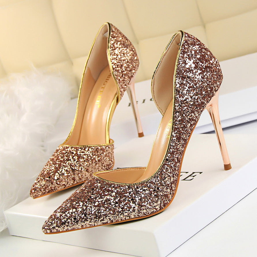 Side Hollow Out Sequin Heels