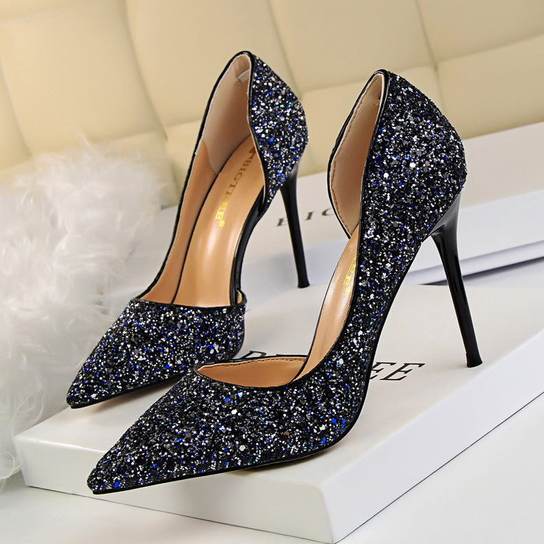 Side Hollow Out Sequin Heels