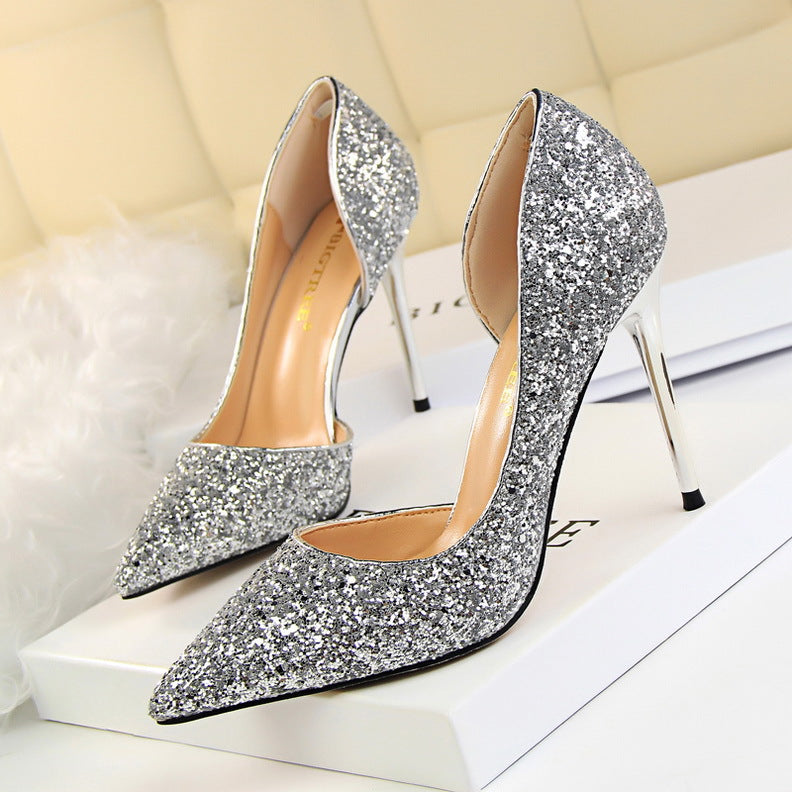 Side Hollow Out Sequin Heels