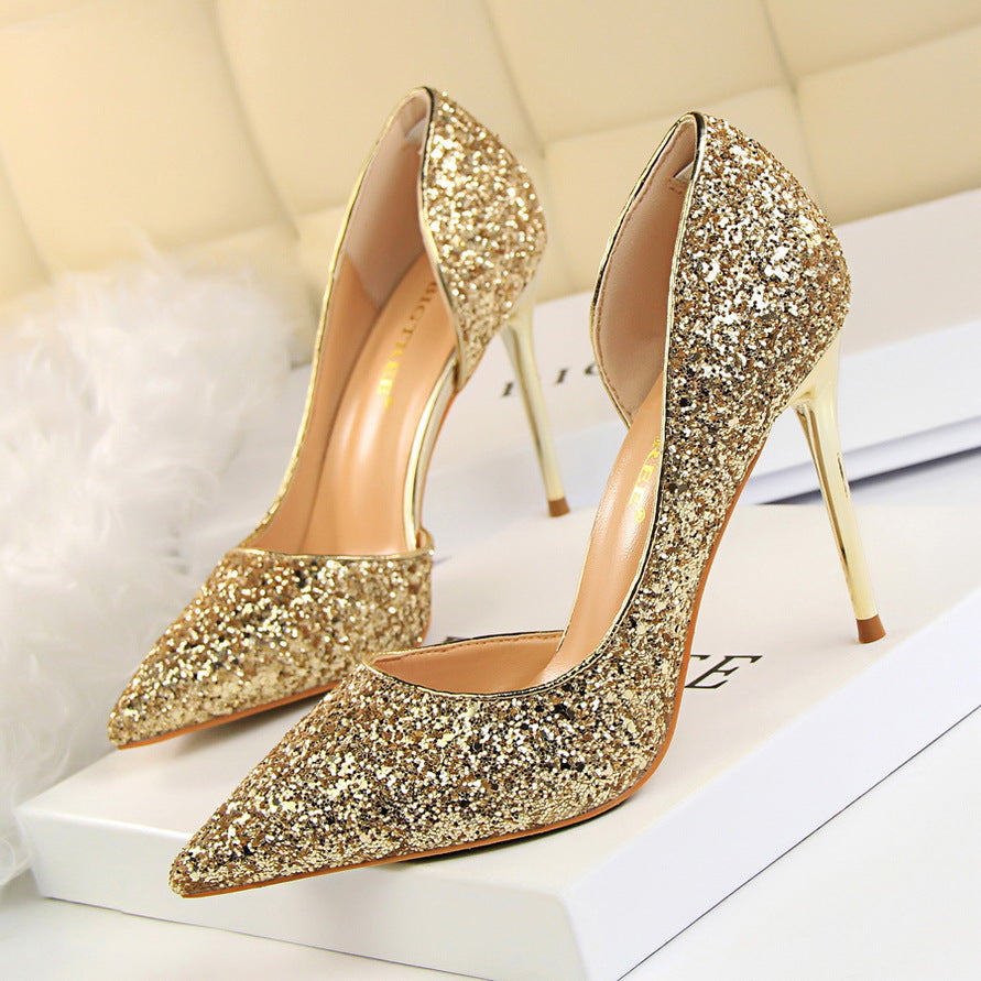 Side Hollow Out Sequin Heels