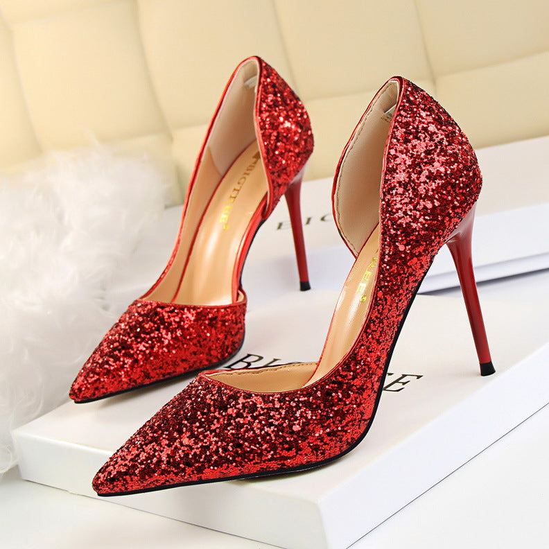 Side Hollow Out Sequin Heels