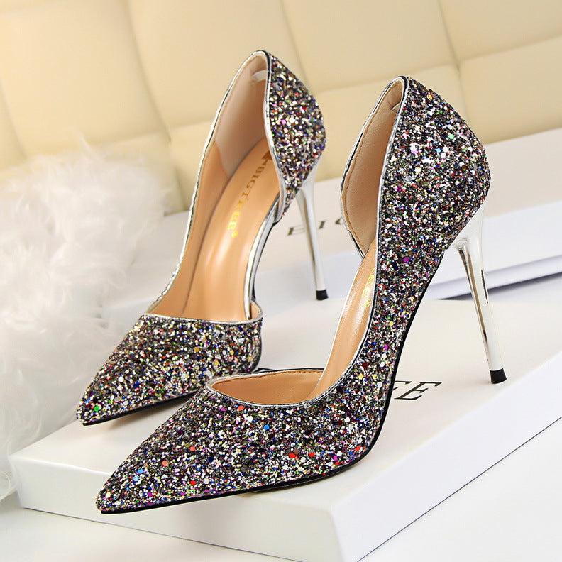 Side Hollow Out Sequin Heels