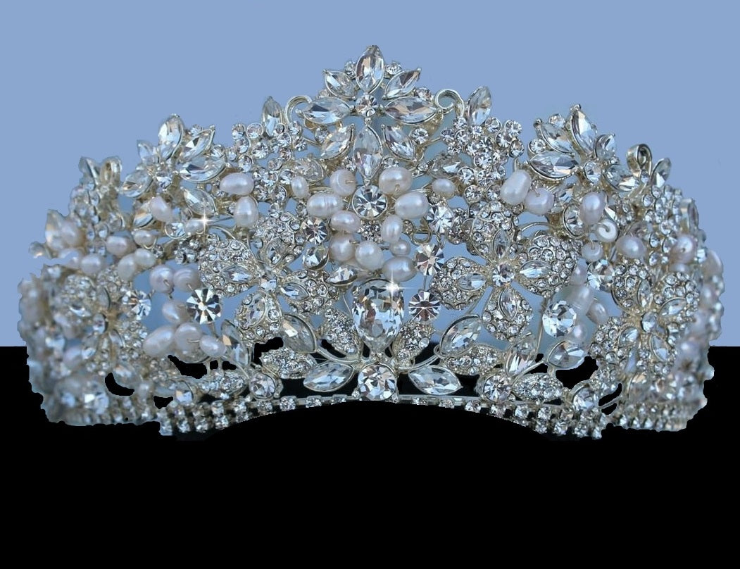 Gorgeous Royal Crystal & Freshwater Pearl Bridal Tiara Crown