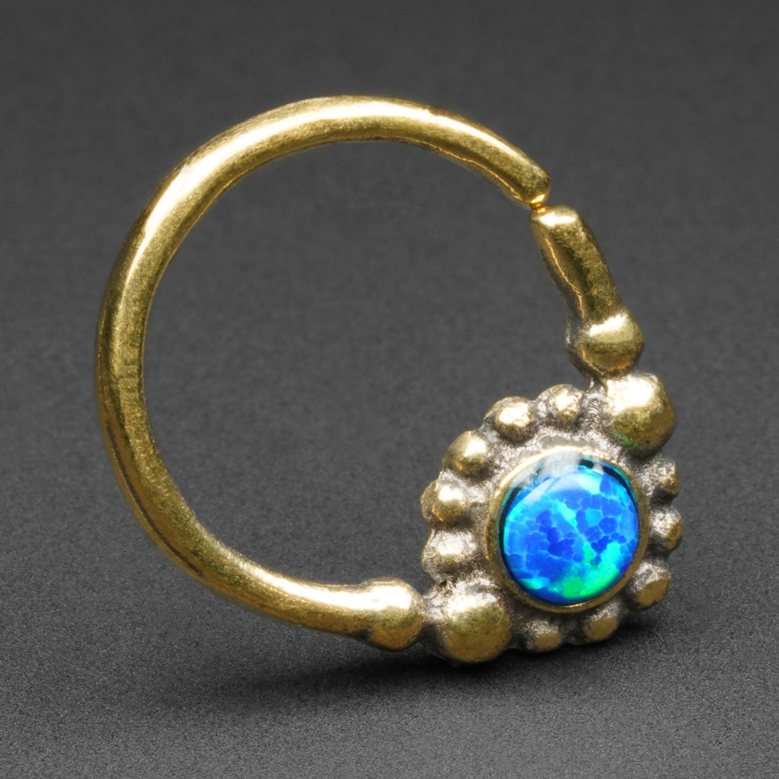 Blue Synth Opal Drop & Brass Seamless Septum Ring