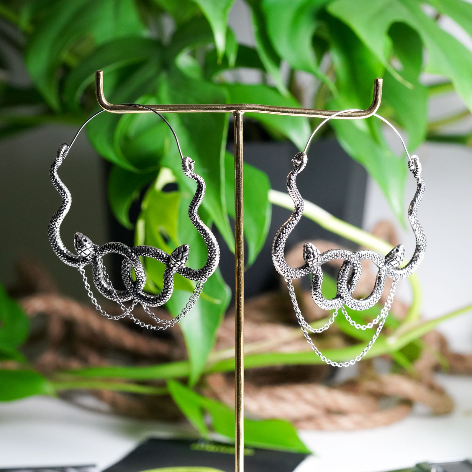 Linked Snakes Antique Silver Plug Hoops with Dangle Chain