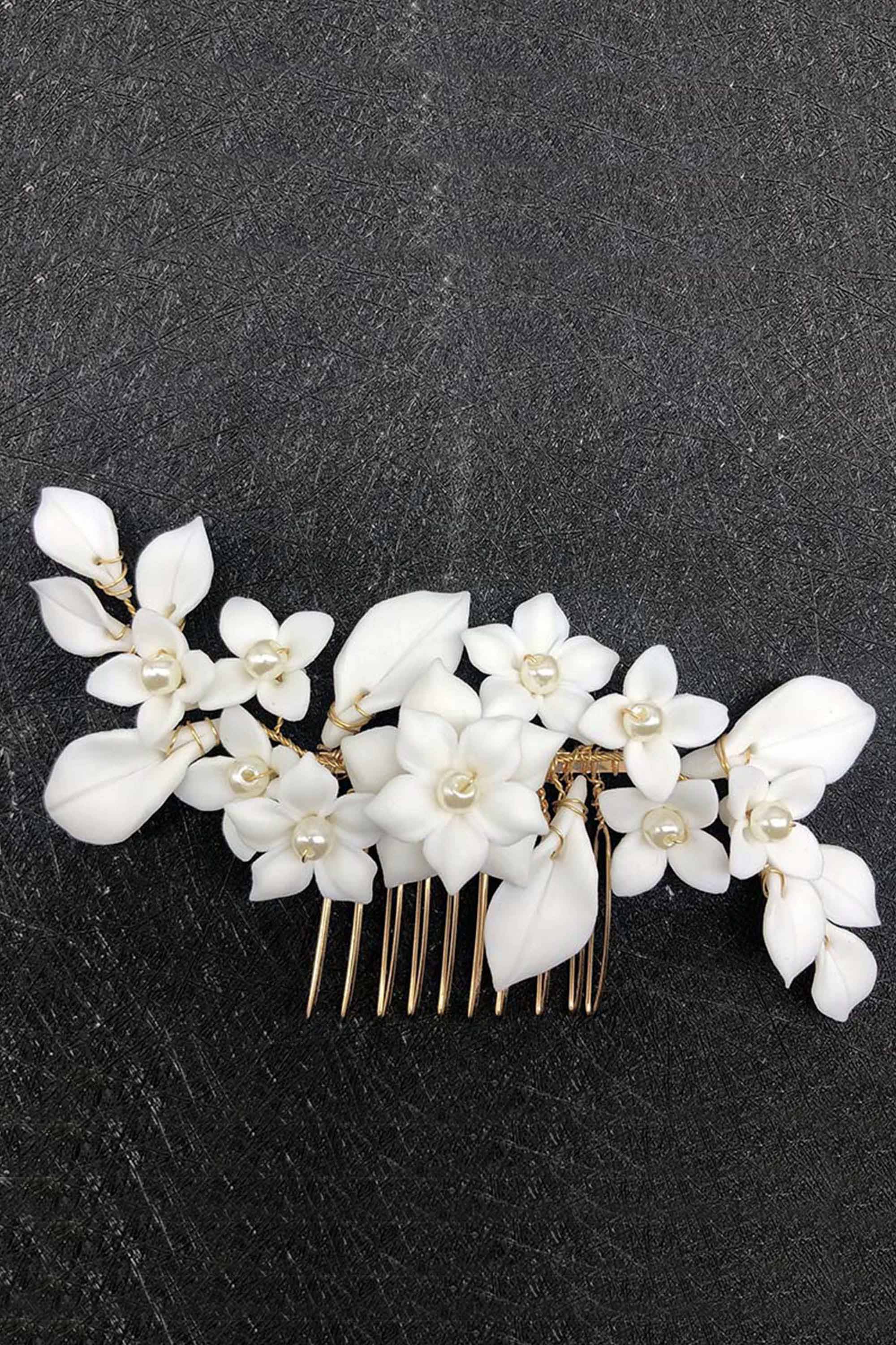 White Ceramic Flower Crown Hair Comb