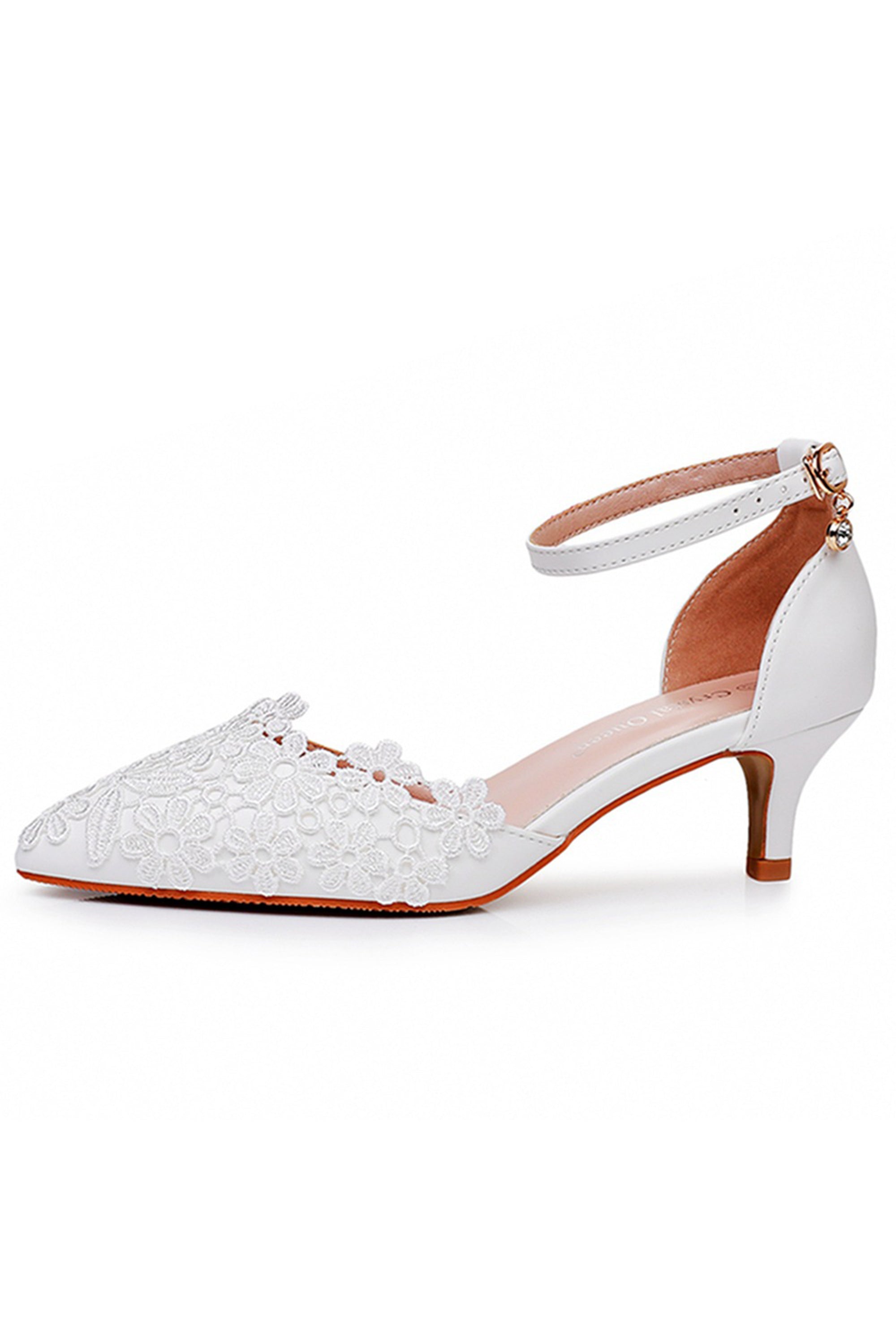 White Lace Stiletto Heel Pointed Toe Wedding Shoes