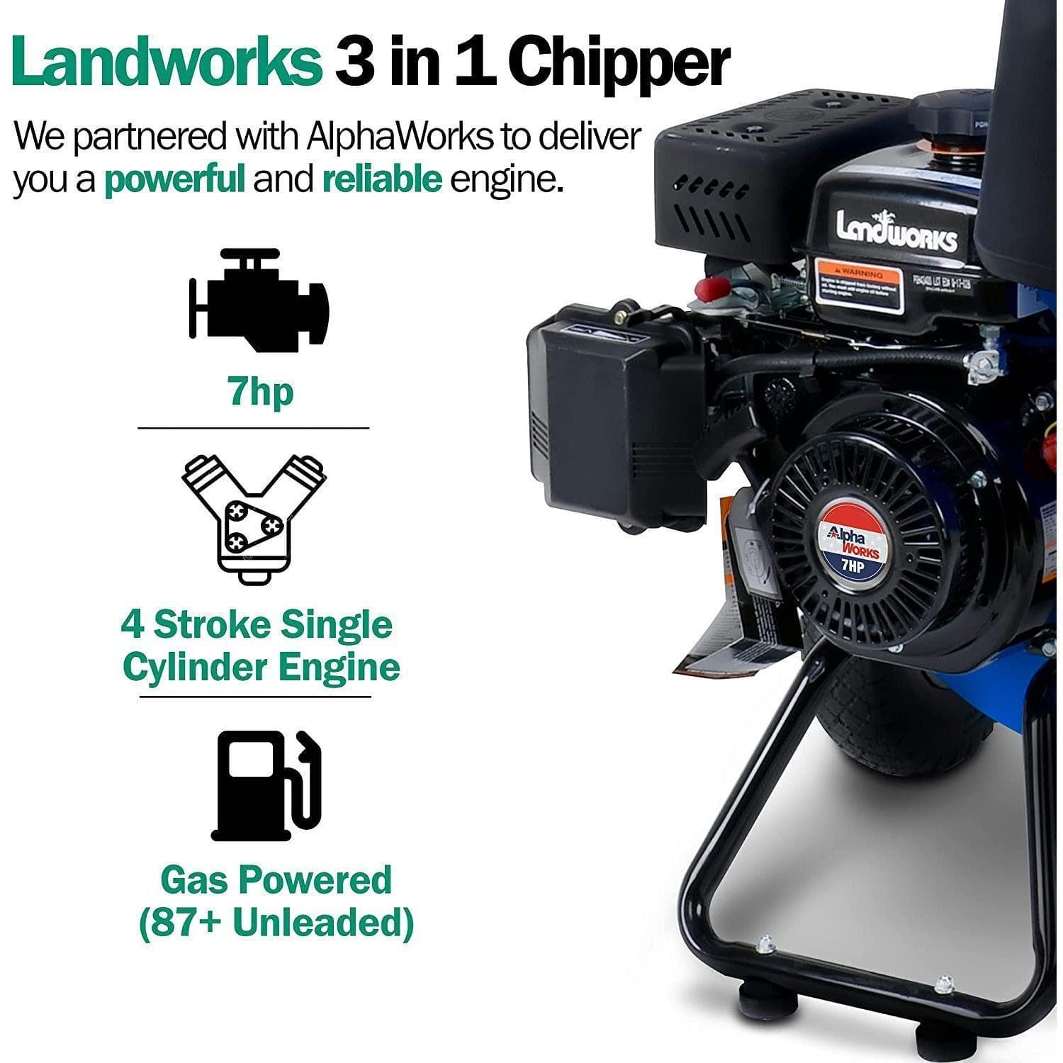 Landworks 3-in-1 Wood Chipper, Shredder, & Mulcher - 7HP 212CC Gas Engine 3