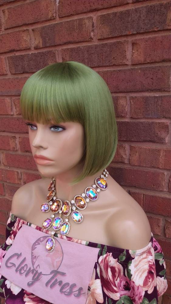 Green Synthetic Bob Wig with Bangs Short Bob Straight Hair Wigs For Women China Bangs Bob Style Heat Resistant Wig Glory Tress - FRESH