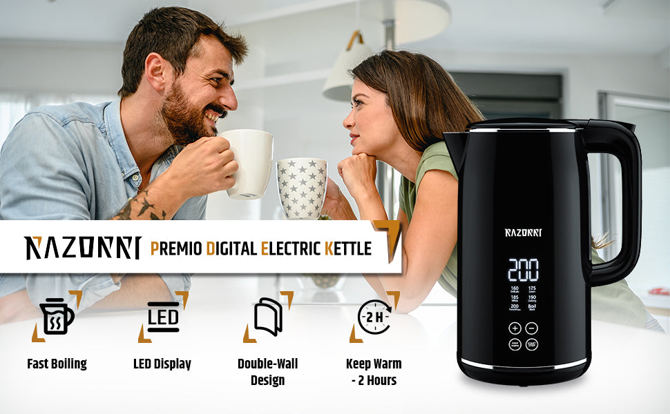 Razorri Electric Kettle 1-Click Control LED Digital Display, 1.7 Liter  BPA-Free, Stainless Steel Double Insulated Wall, Boil Dry Protection, Keeps