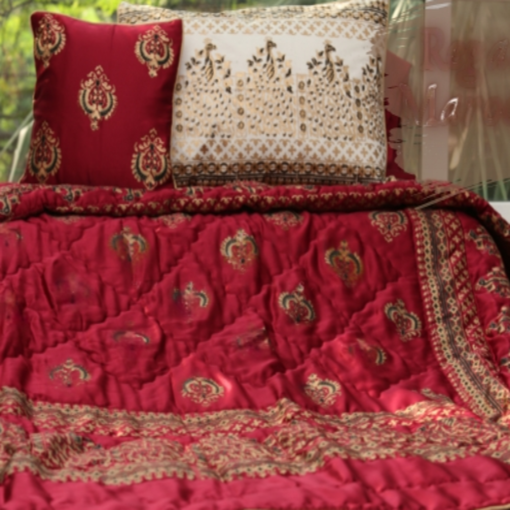 Regal Maroon Block Printed Bed Sheet by PTH Homes