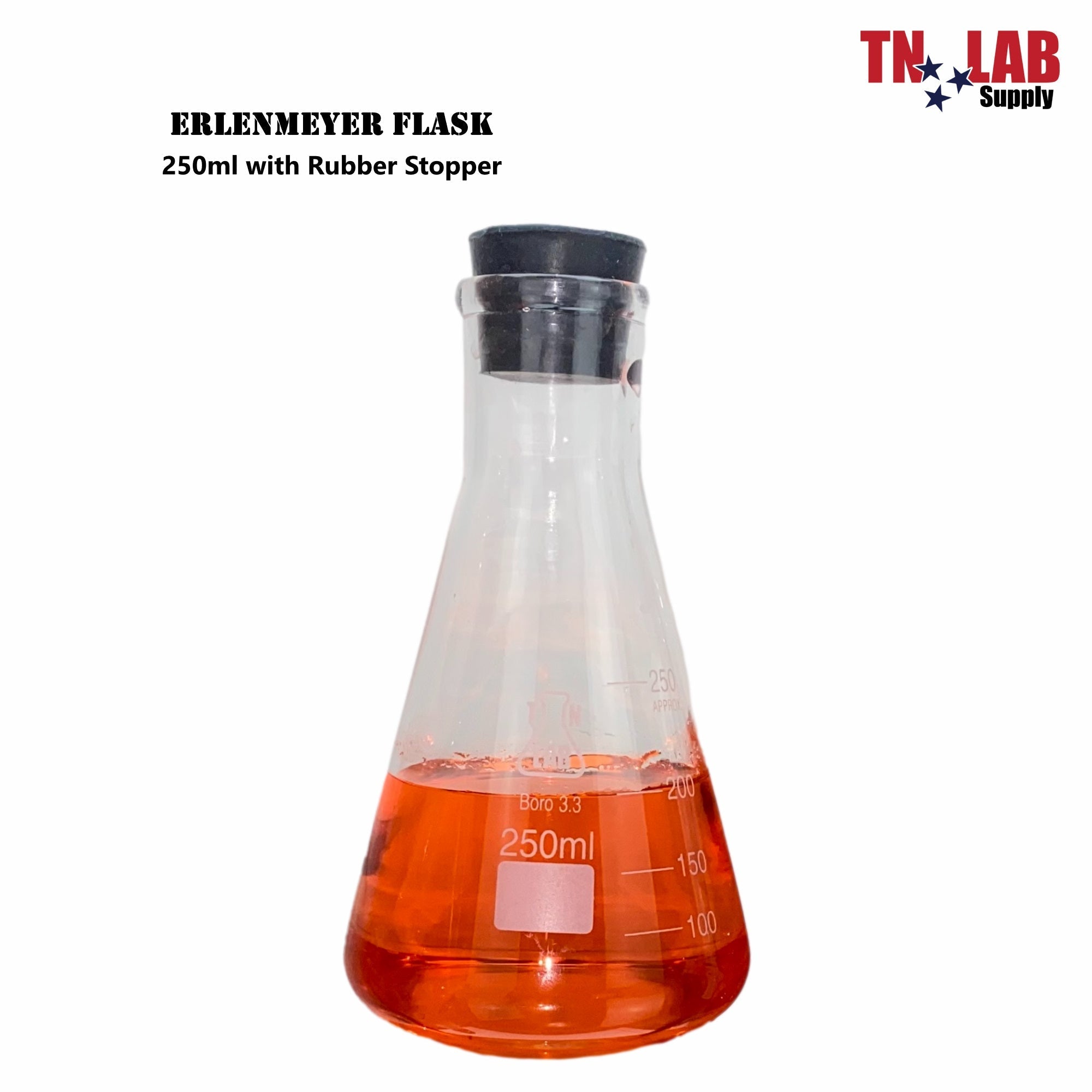 Erlenmeyer Flask Borosilicate Glass Conical 250ml w-Rubber Stopper 3-Pack
