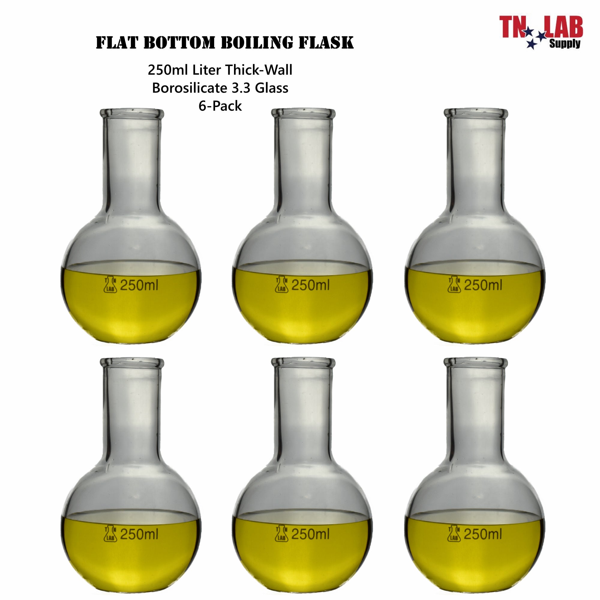 Flat Bottom Boiling Flask Florence Flask Borosilicate Glass 250ml 6-Pack