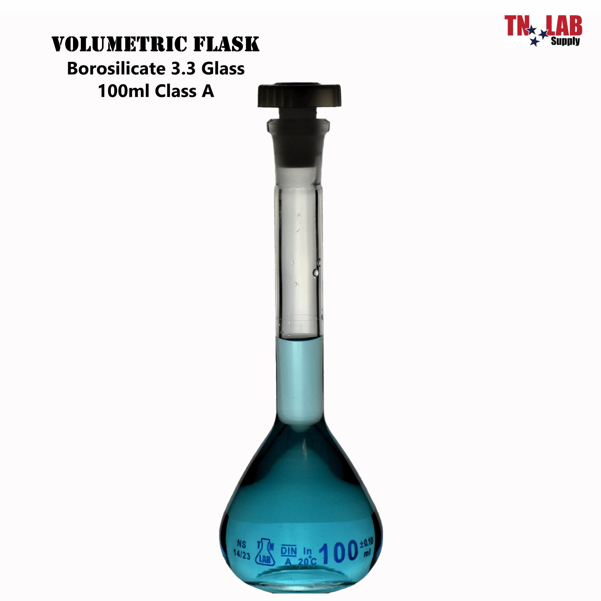 Volumetric Flask 100ml Borosilicate Glass 14/23 Joint Class A Accuracy