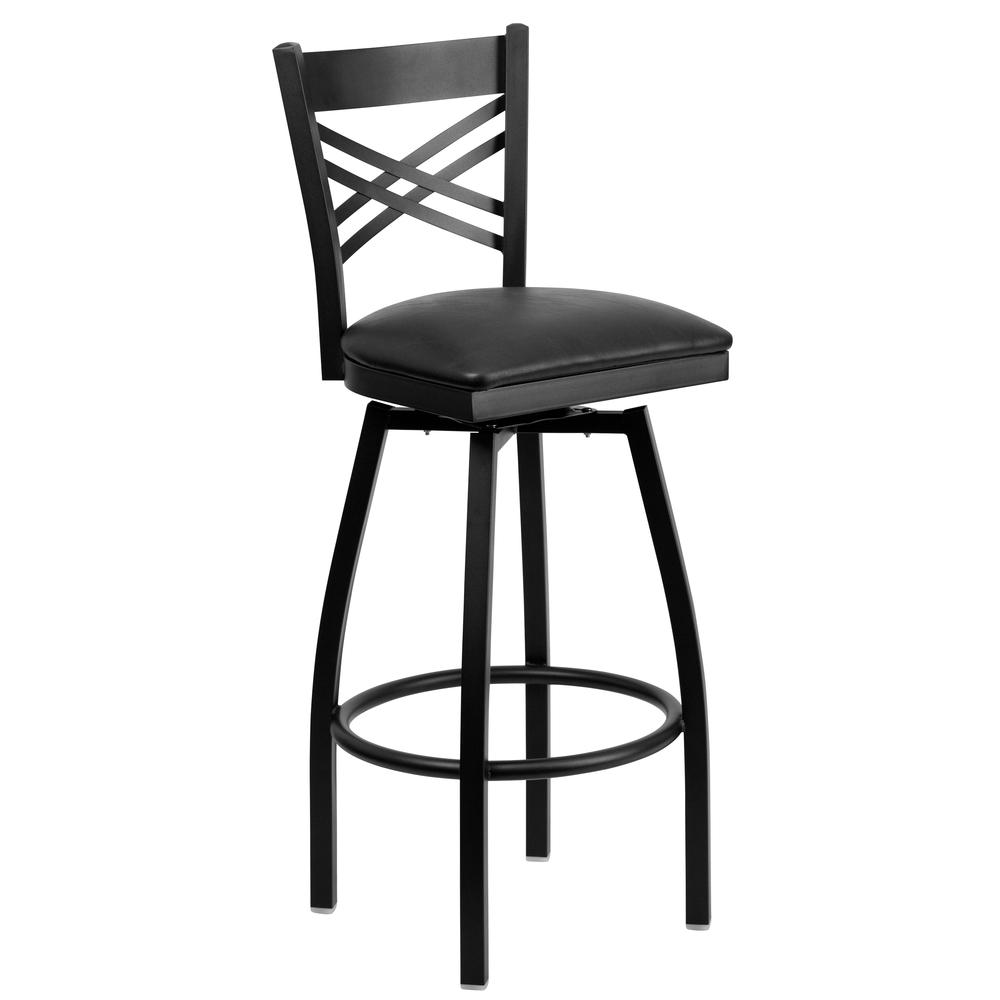 HERCULES Series Black 'X' Back Swivel Metal Barstool - Black Vinyl Seat - Flash Furniture