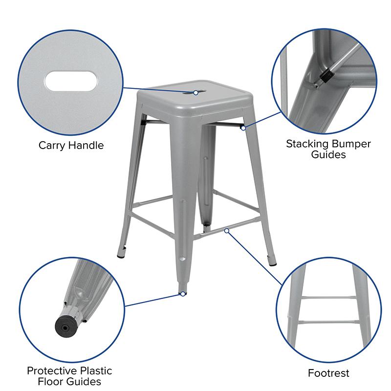 24' High Metal Counter-Height, Indoor Bar Stool in Silver - Stackable Set of 4 - Flash Furniture