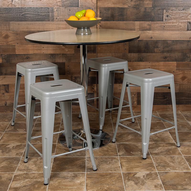 24' High Metal Counter-Height, Indoor Bar Stool in Silver - Stackable Set of 4 - Flash Furniture