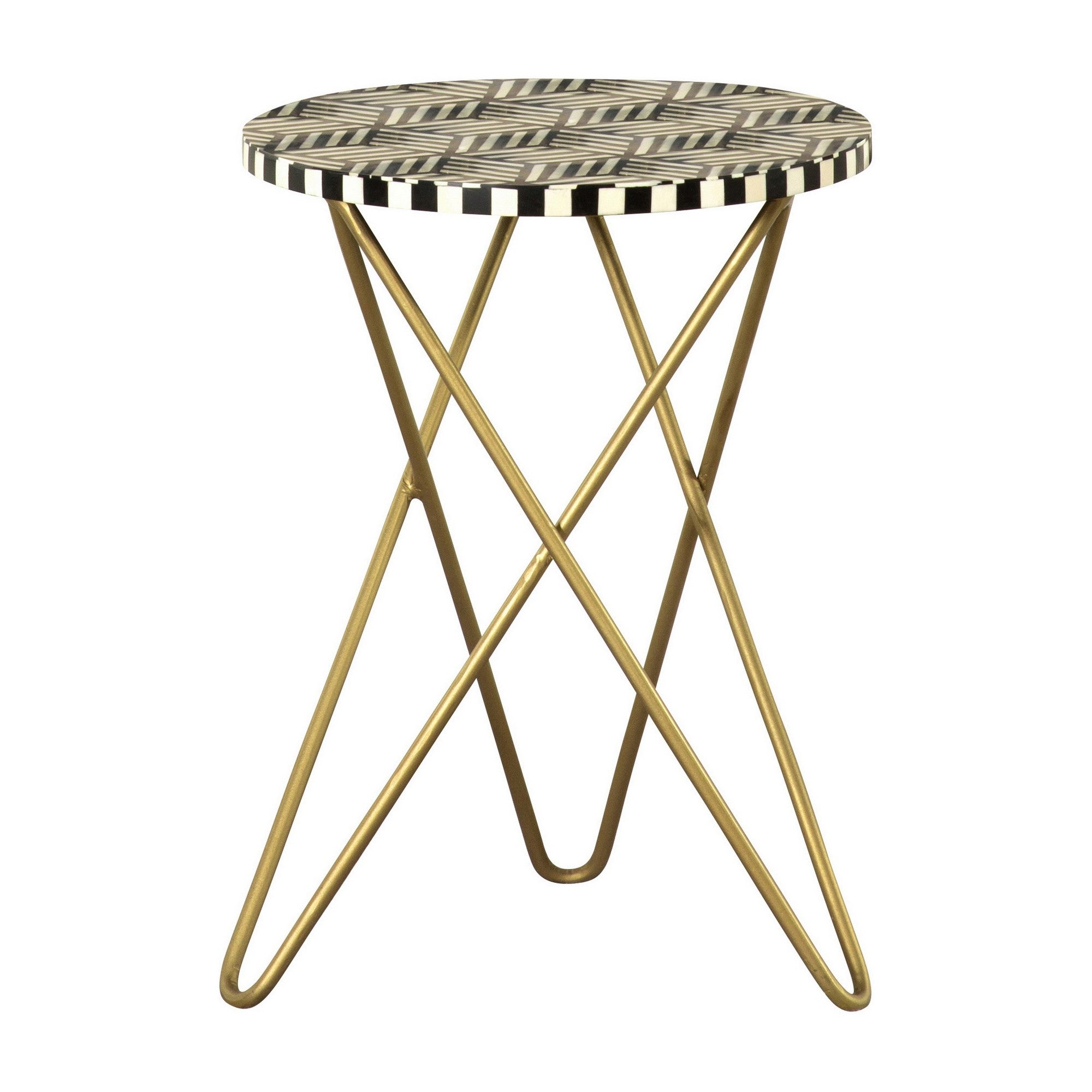22 Inch Modern Round Accent Table Black And White Inlay Top Gold Legs BM296074 - Benzara