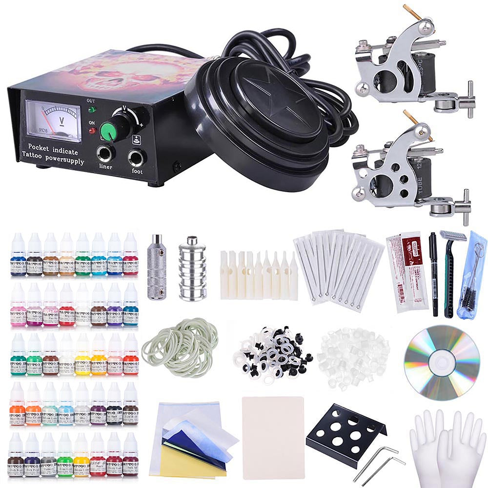  TheLAShop 2 Tattoo Machines Tattoo Kit w/ Power Supply 40 Inks 