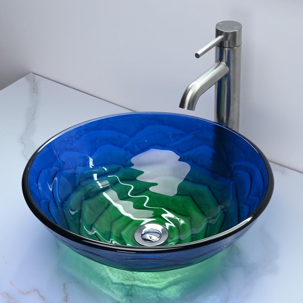  TheLAShop Blue Green Tempered Glass Bathroom Sink Round 17" 