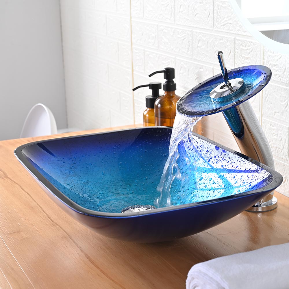  TheLAShop Blue Glass Vessel Sink & Watefall Faucet Set 20x15 in 