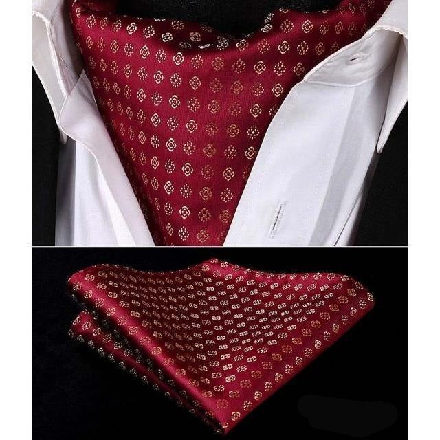 Elegant Wine Silk Ascot/Cravat Tie & Handkerchief