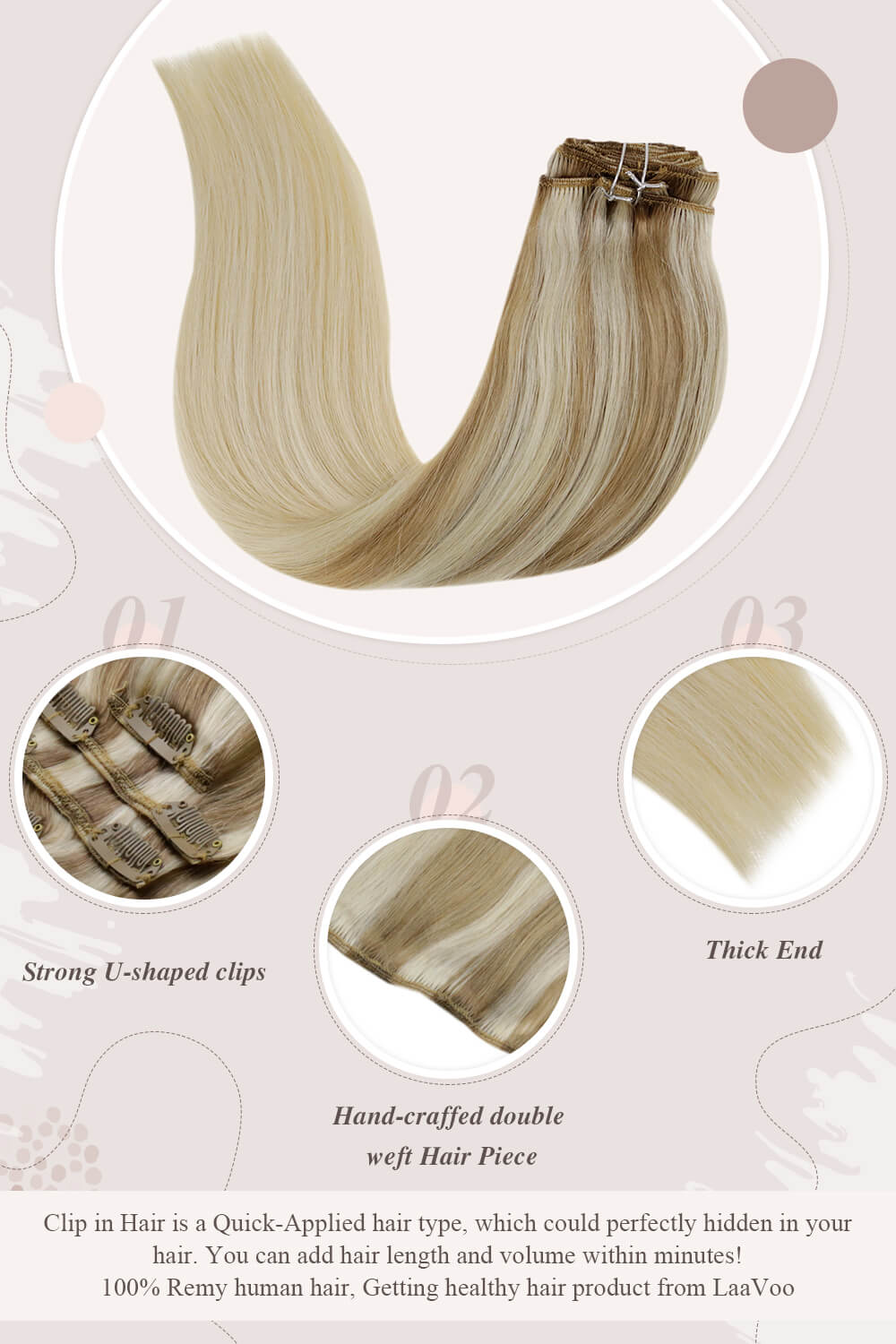 solid white blonde strong U shaped clips hand craffed double weft hair piece thick end clip in hair perfectly hidden in your hair you can add hair length and volume within minutes Remy human hair getting healthy hair