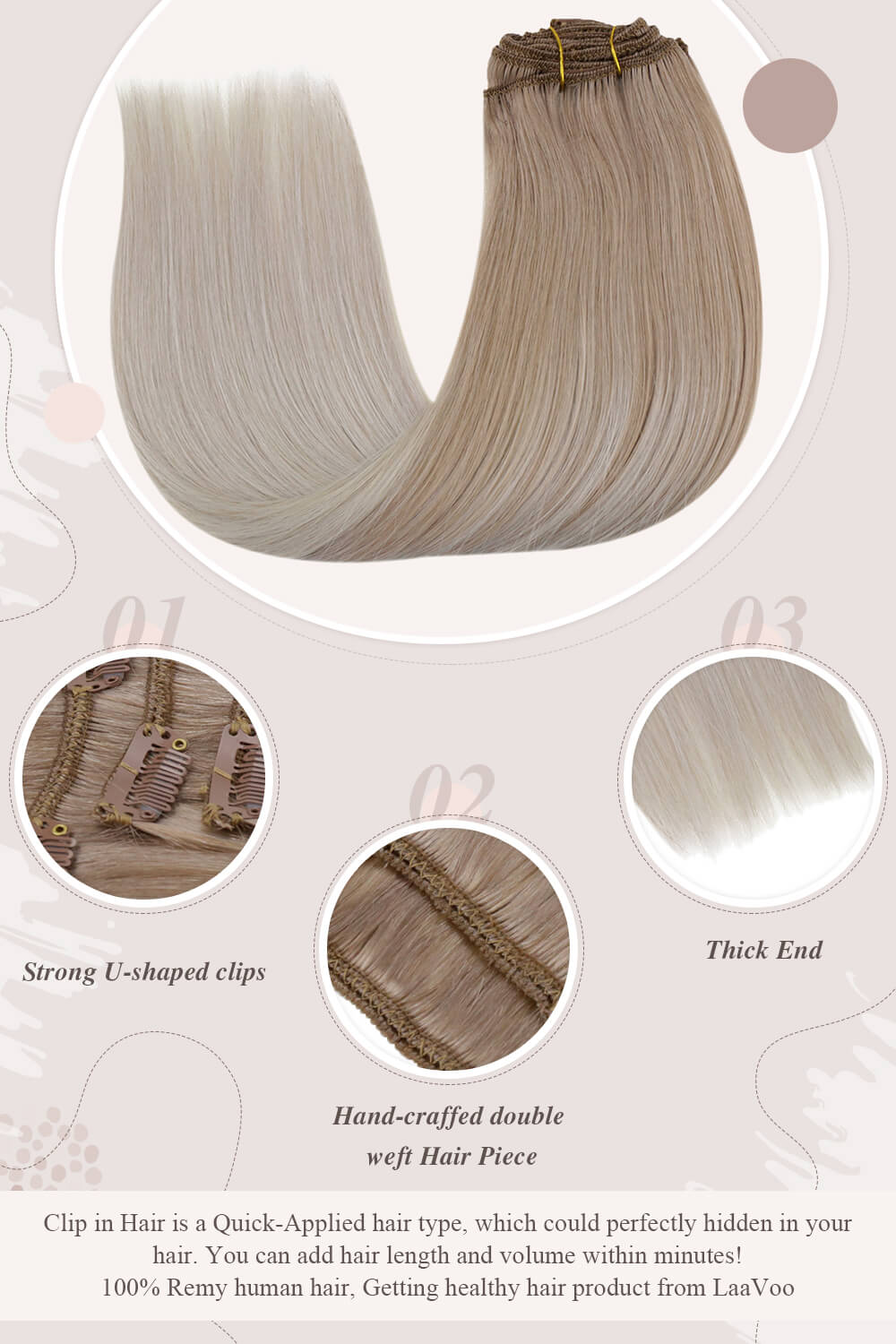 solid white blonde strong U shaped clips hand craffed double weft hair piece thick end clip in hair perfectly hidden in your hair you can add hair length and volume within minutes Remy human hair getting healthy hair