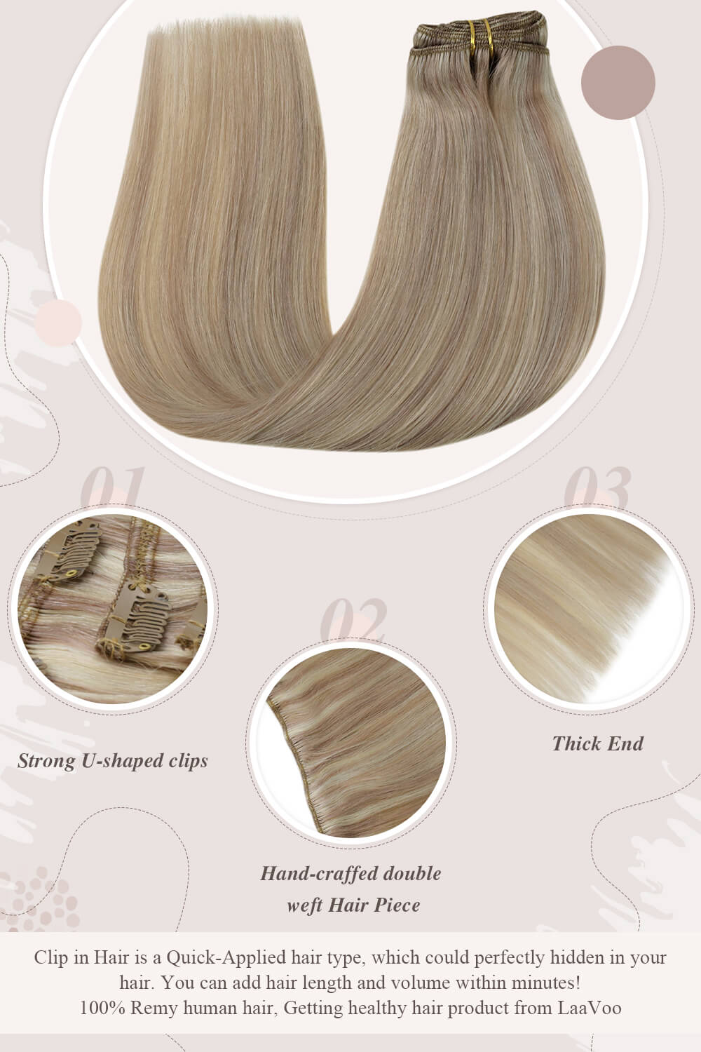 strong U shaped clips hand craffed double weft hair piece thick end clip in hair perfectly hidden in your hair you can add hair length and volume within minutes Remy human hair getting healthy hair product