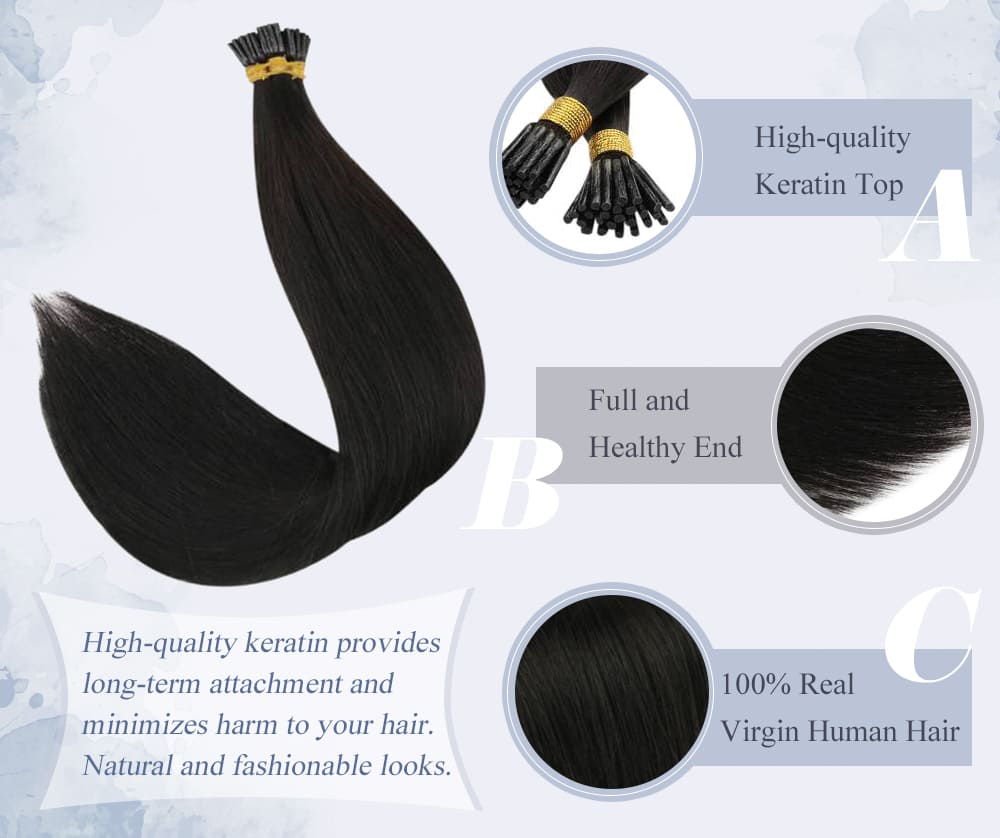#1b laavoo solid color Jet Black virgin pre-bonded hair i tip human hair 100% Brazilian virgin hair quality
