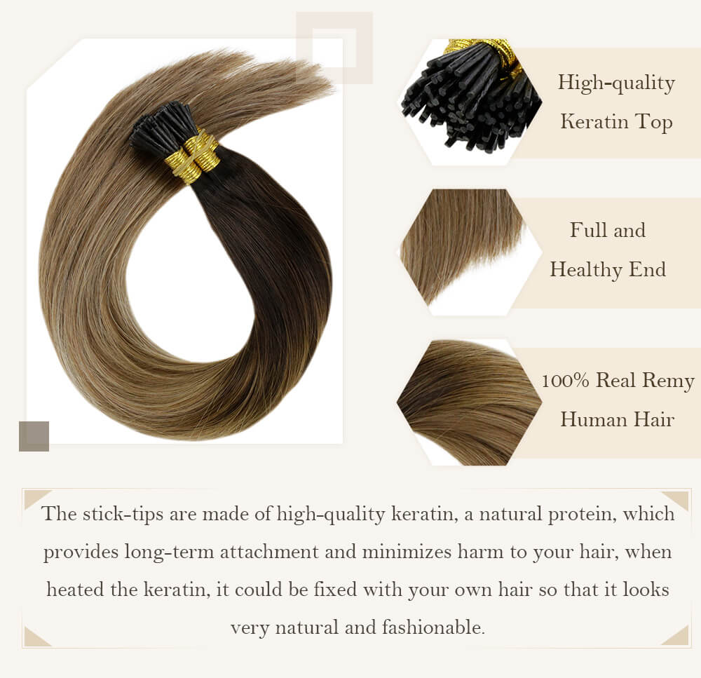 balayage brown to blonde hair stick tip high quality derain hair extensions pre bonded hair remy human hair silk smooth hair i tip hair seamless ready to apply