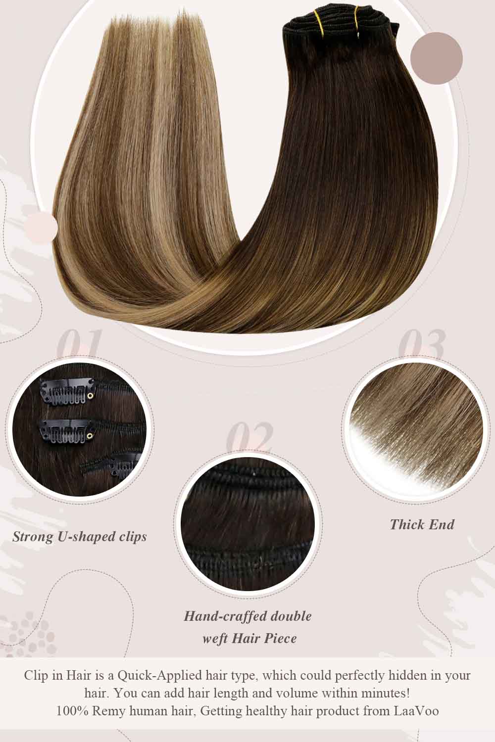 strong U shaped clips hand craffed double weft hair piece thick end clip in hair perfectly hidden in your hair you can add hair length and volume within minutes Remy human hair getting healthy hair product