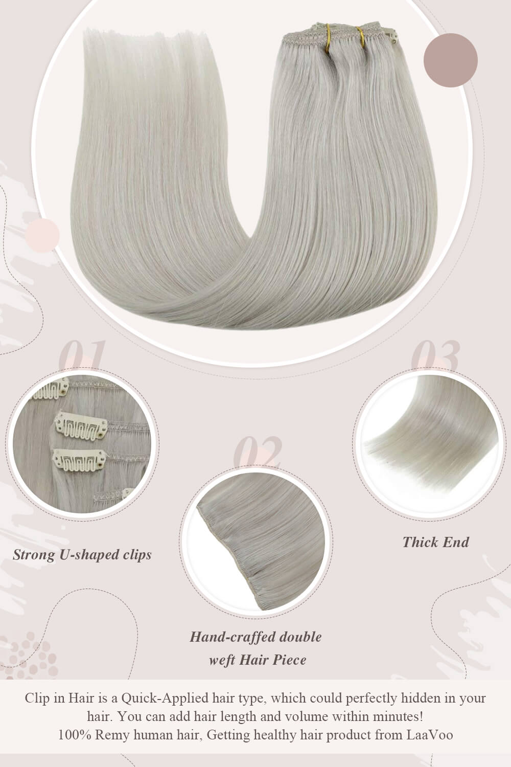 Clip in hair extensions remy human hair solid white blonde color hair
